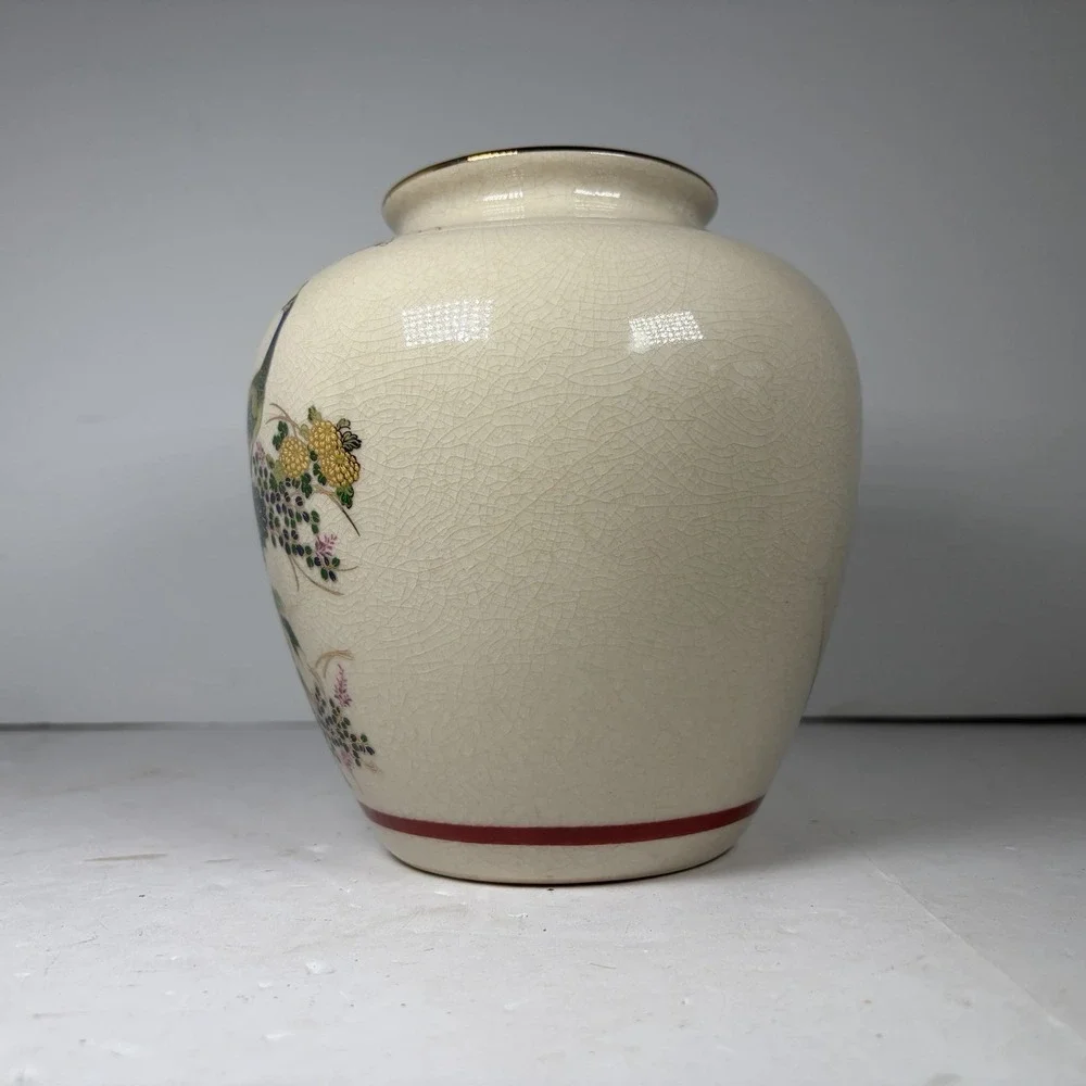Vintage Japanese Satsuma Style Peacock & Floral‎ Crackle Glaze Vase